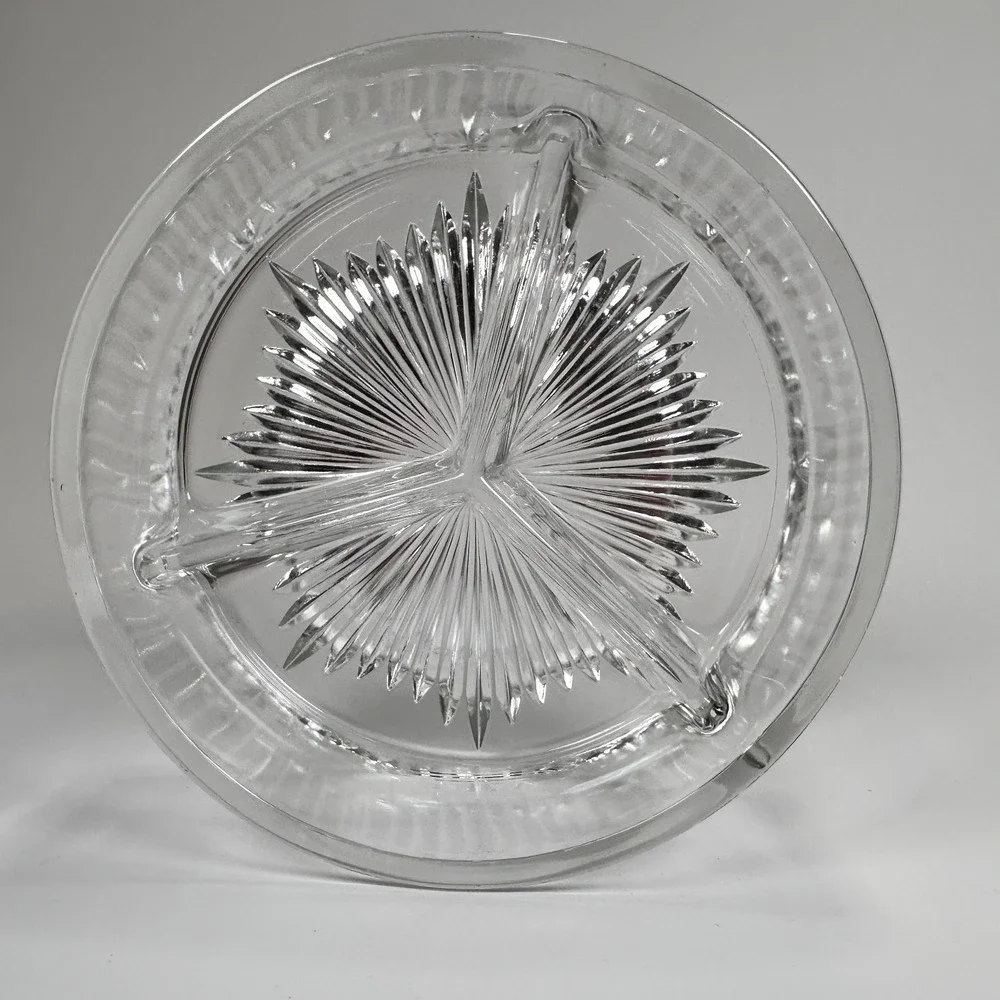 VTG Hand Wrought Hammered Aluminum Server Divided Glass Dish w/ Handle Floral 7